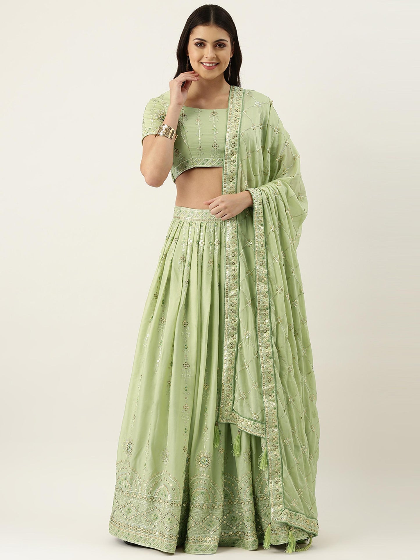 Pista Green Pure Georgette Embroidered Semi-Stitched Lehenga & Unstitched Blouse Dupatta