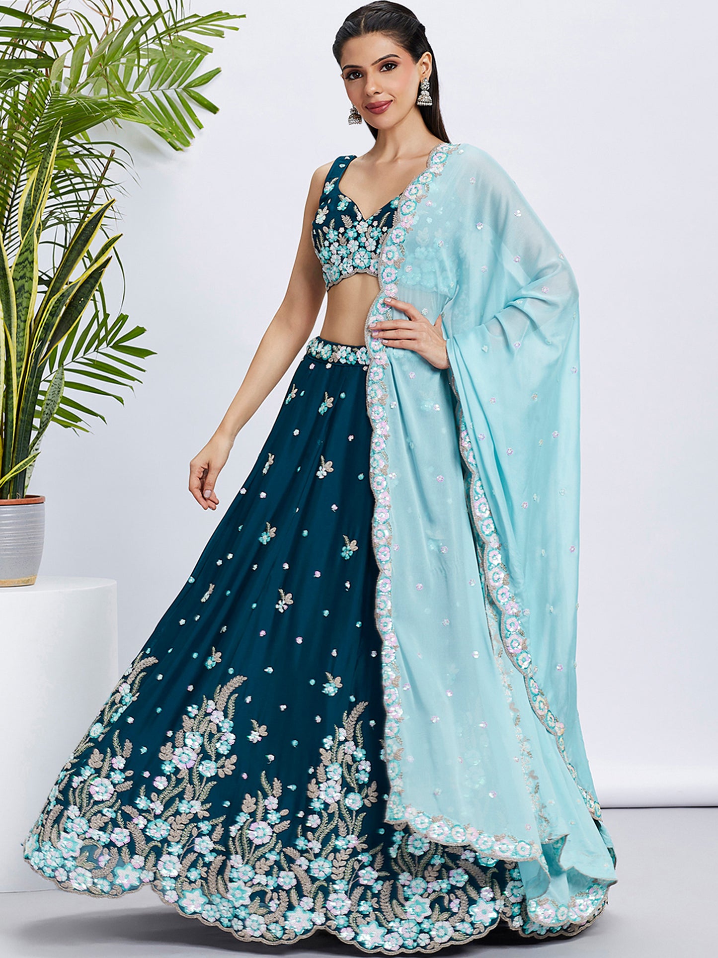 Teal Pure Grorgette Sequins and thread embroidery Lehenga choli