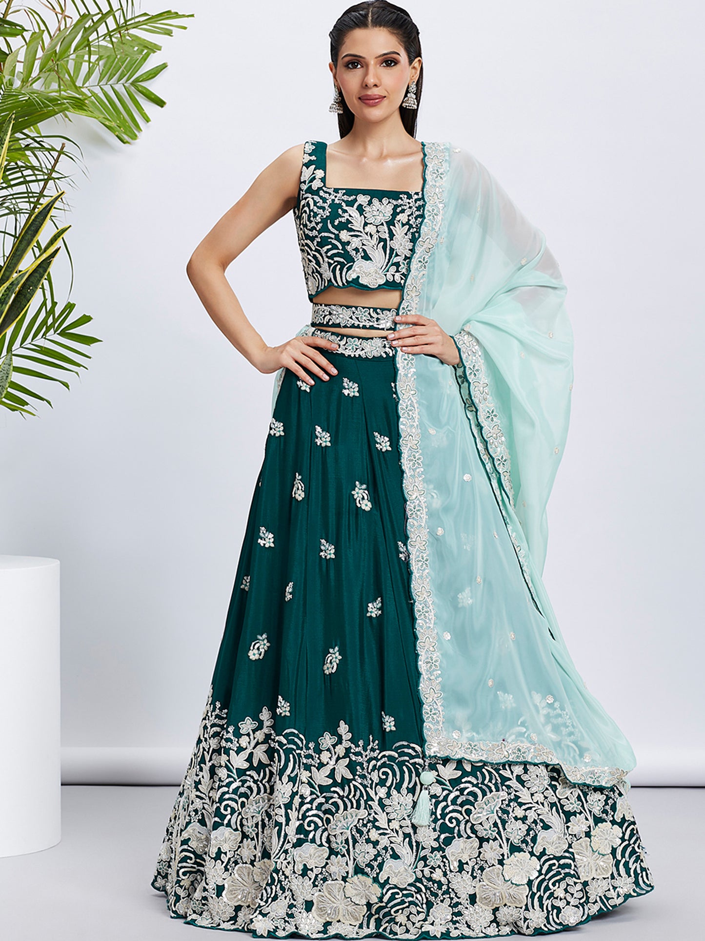 Green Pure Georgette Sequins and thread embroidery Lehenga choli