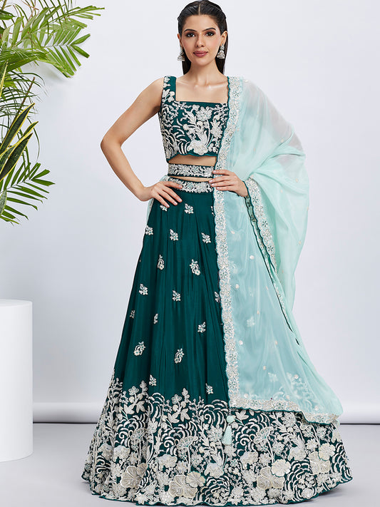 Green Pure Georgette Sequins and thread embroidery Lehenga choli