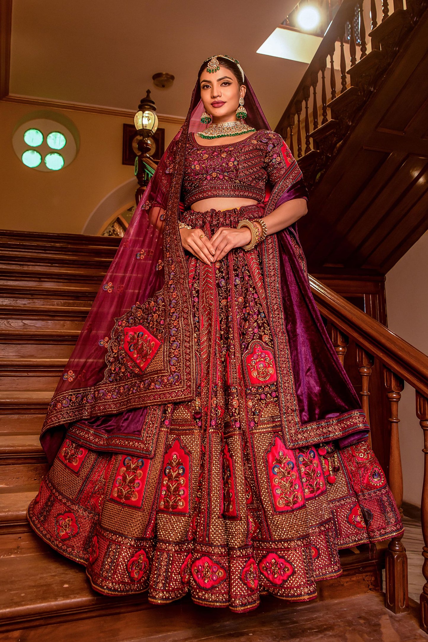 Red Velvet Sequins Embroidered Heavy Indian Bridal lehenga