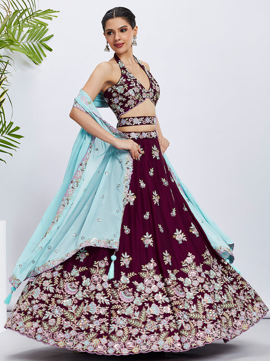 Burgundy Pure Georgette Sequins and thread embroidery Lehenga choli