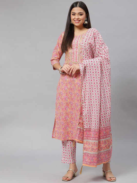 Divena Pink Cotton kurta Pant set with Dupatta - divena world-Mohi