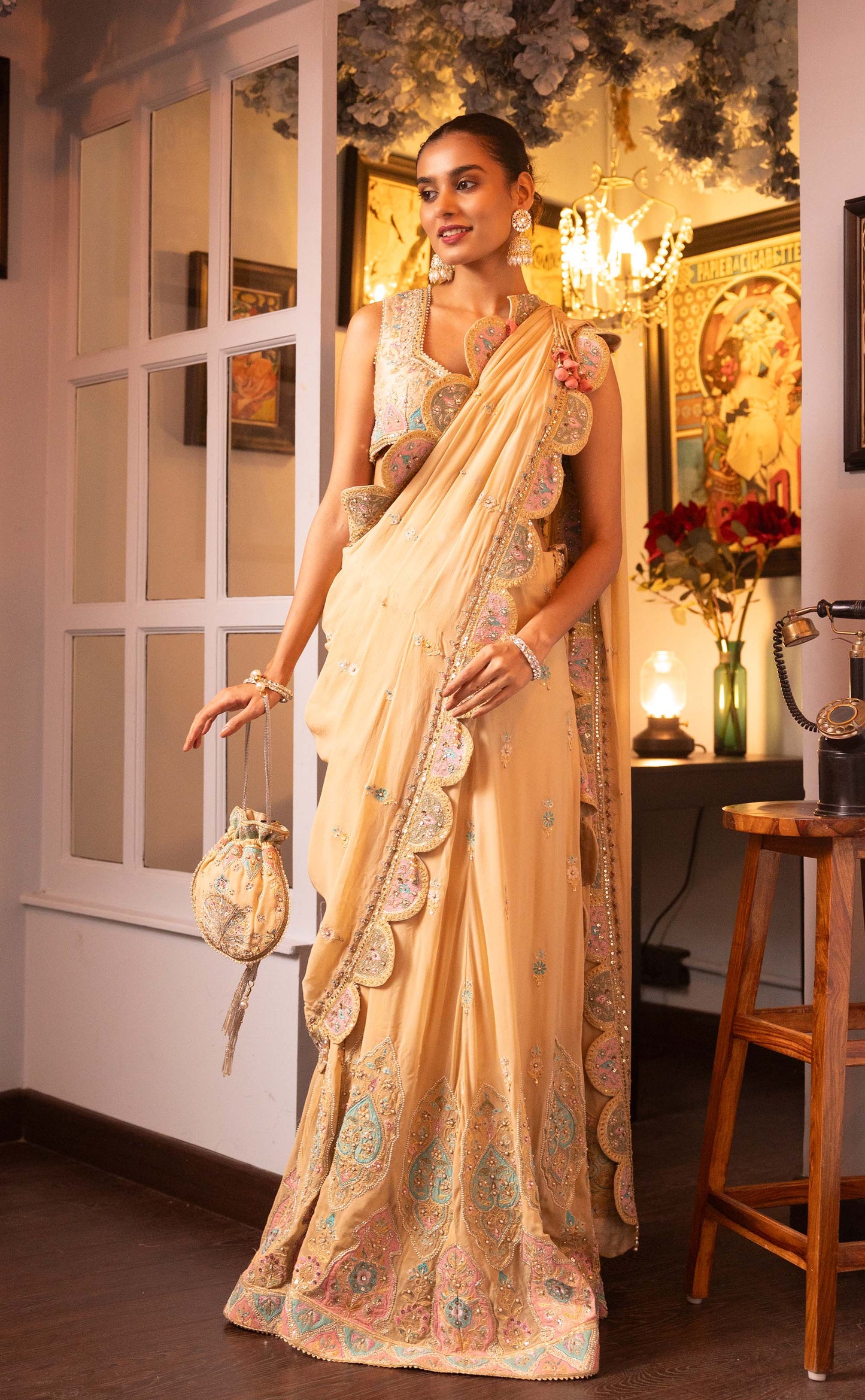 Pietra Dura Beige Raw Silk Machine Embroidered Festive Saree