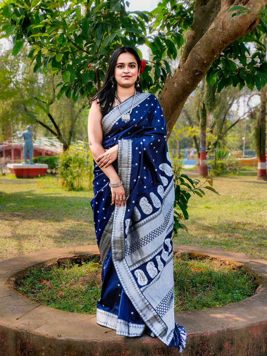 Heart Beat Dark Blue Poly Silk Handloom saree