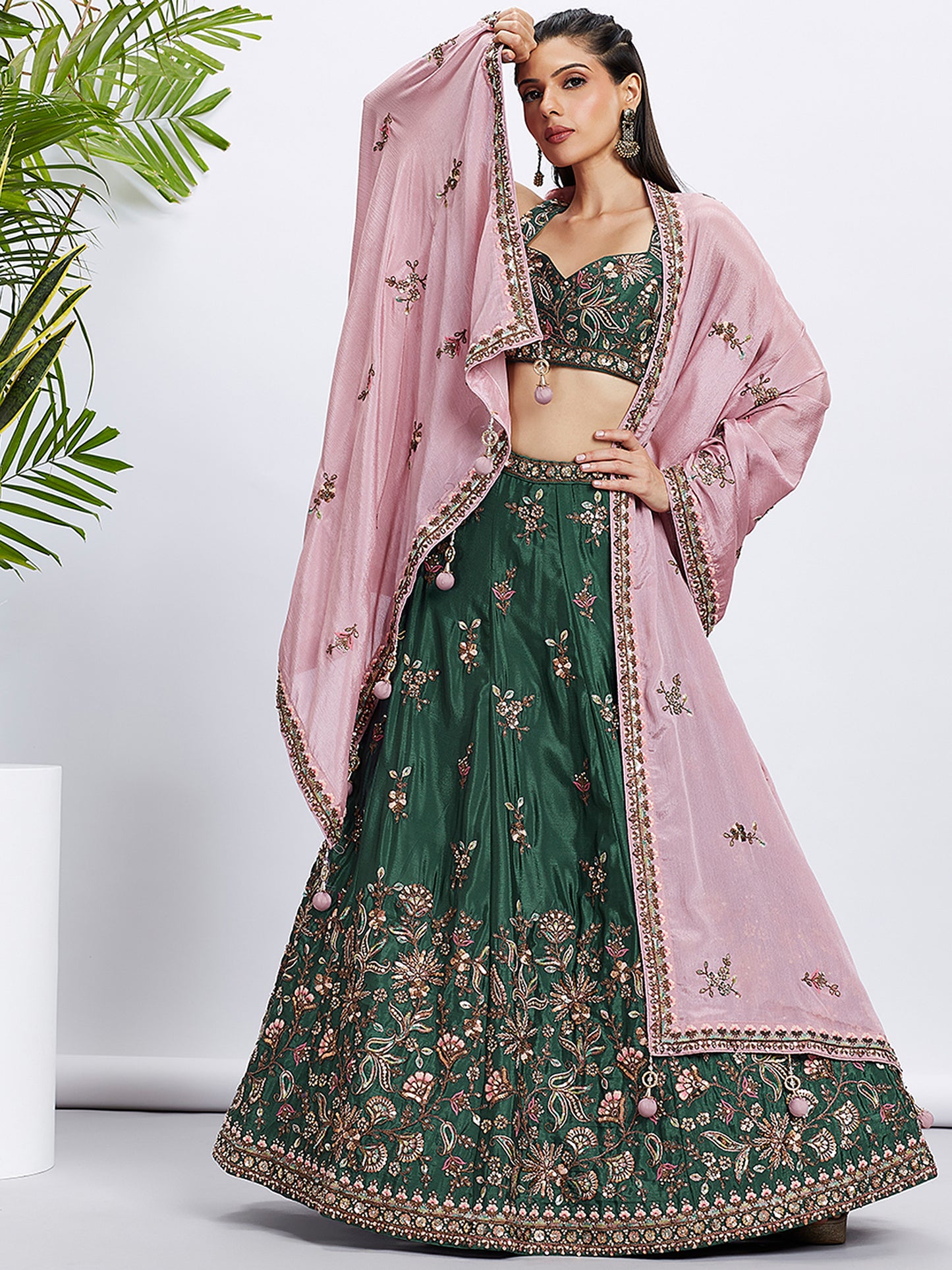 Green Pure Chiffon Sequins and thread embroidery Lehenga choli & Dupatta