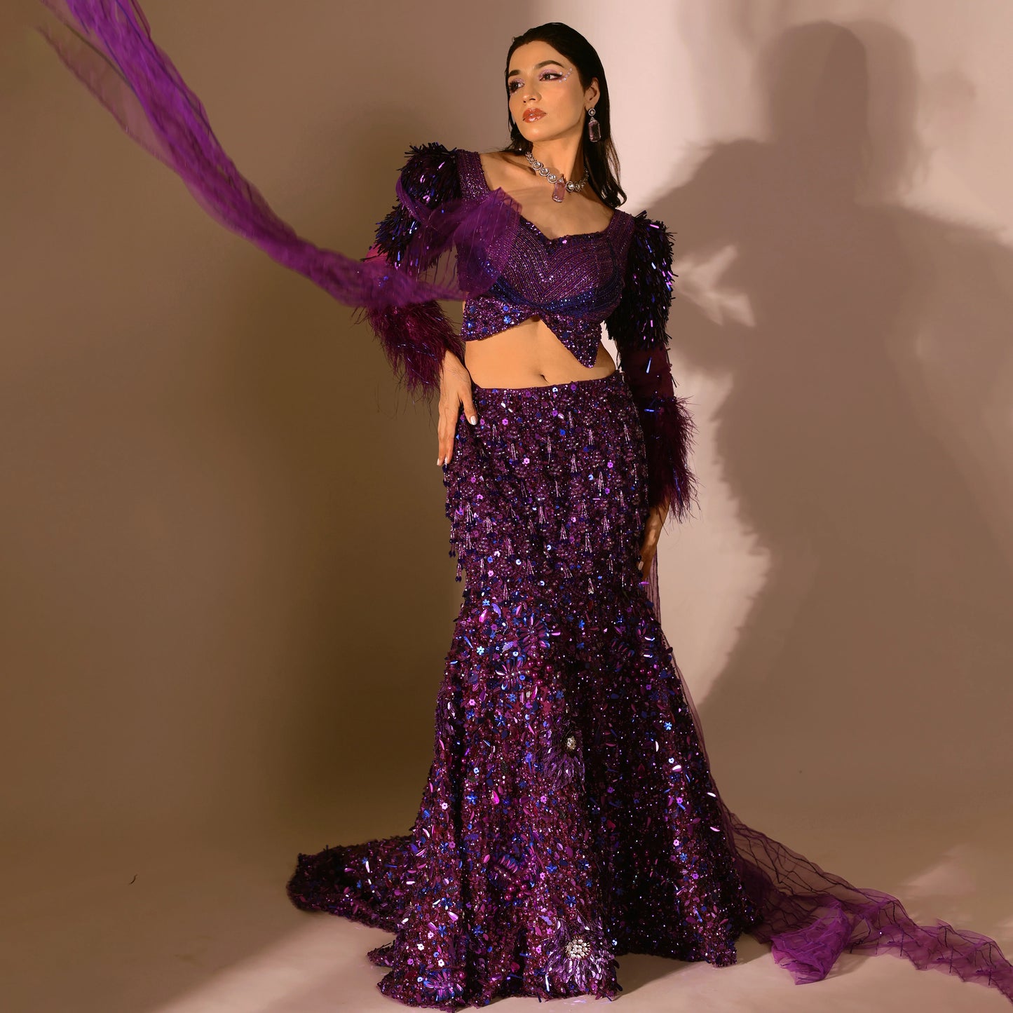 The Purple Net Moonlight Fish cut Lehenga set