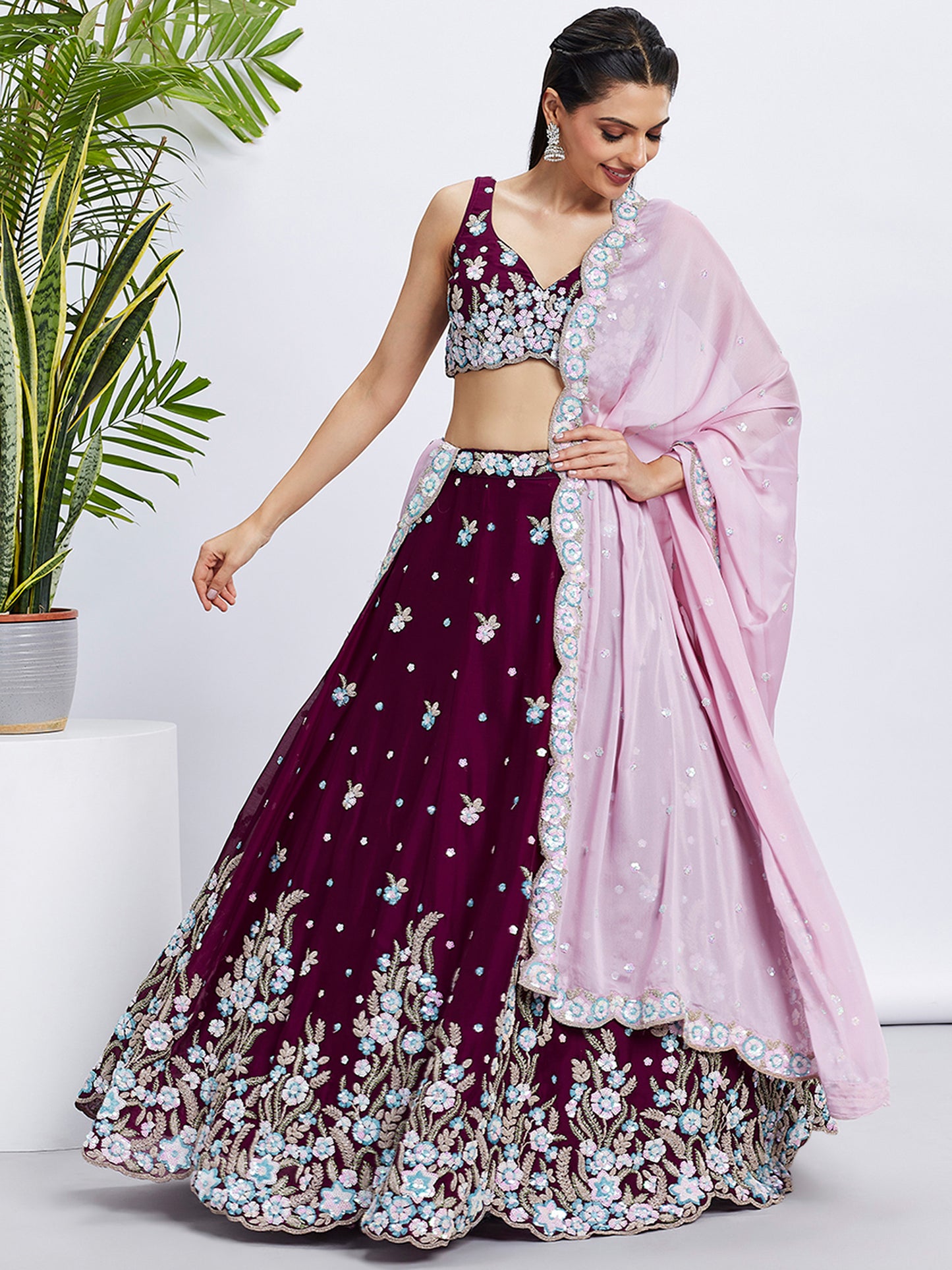 Burgundy Pure Grorgette Sequins and thread embroidery Lehenga choli