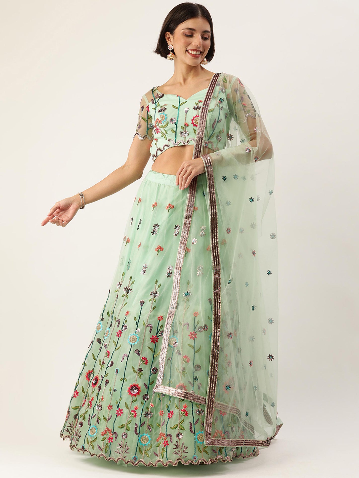 Seagreen - Net Sequin Embroidered Semi-Stitched Lehenga