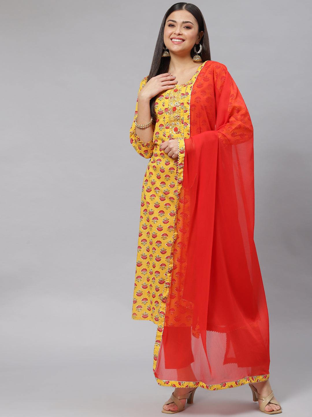 Divena Yellow Floral Cotton Kurta Pant Set with Dupatta - divena world-Mohi