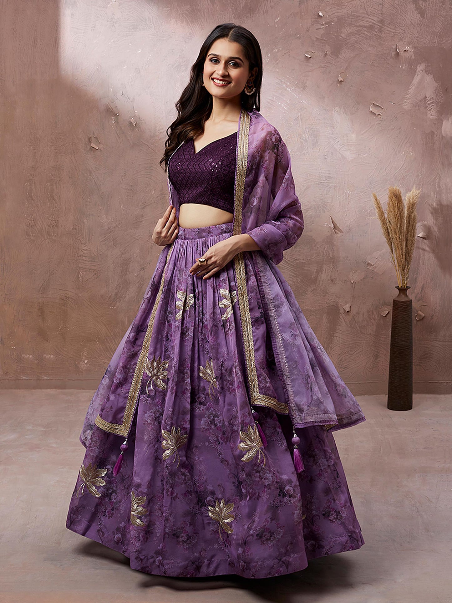 Lavender Organza Floral Printed Lehenga choli & Dupatta