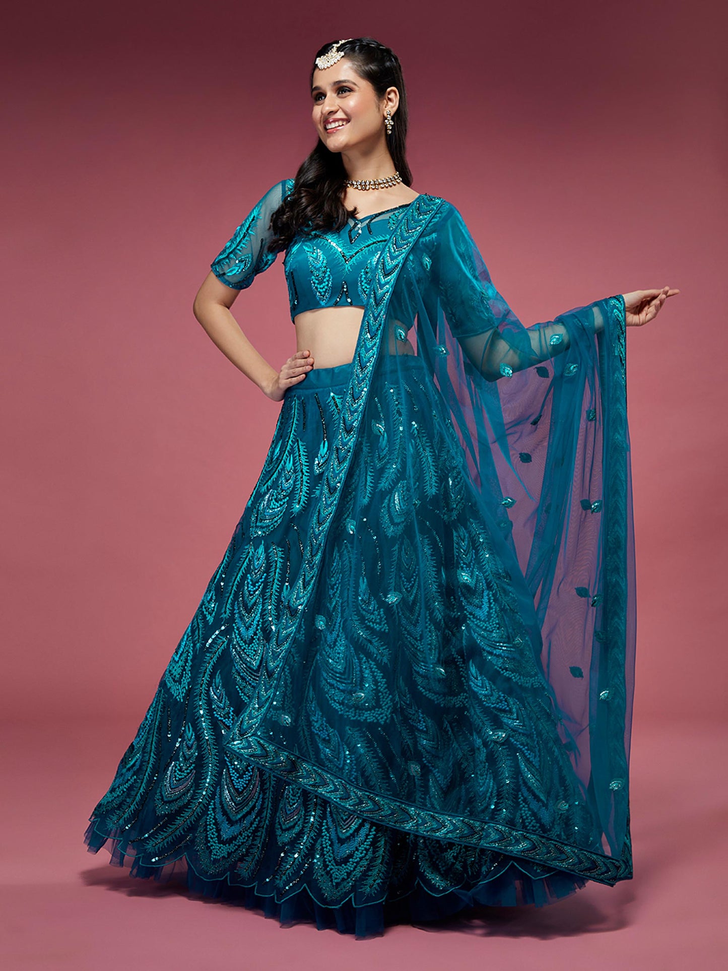 Teal Net Embroidered Sequins Lehenga Blouse with Dupatta