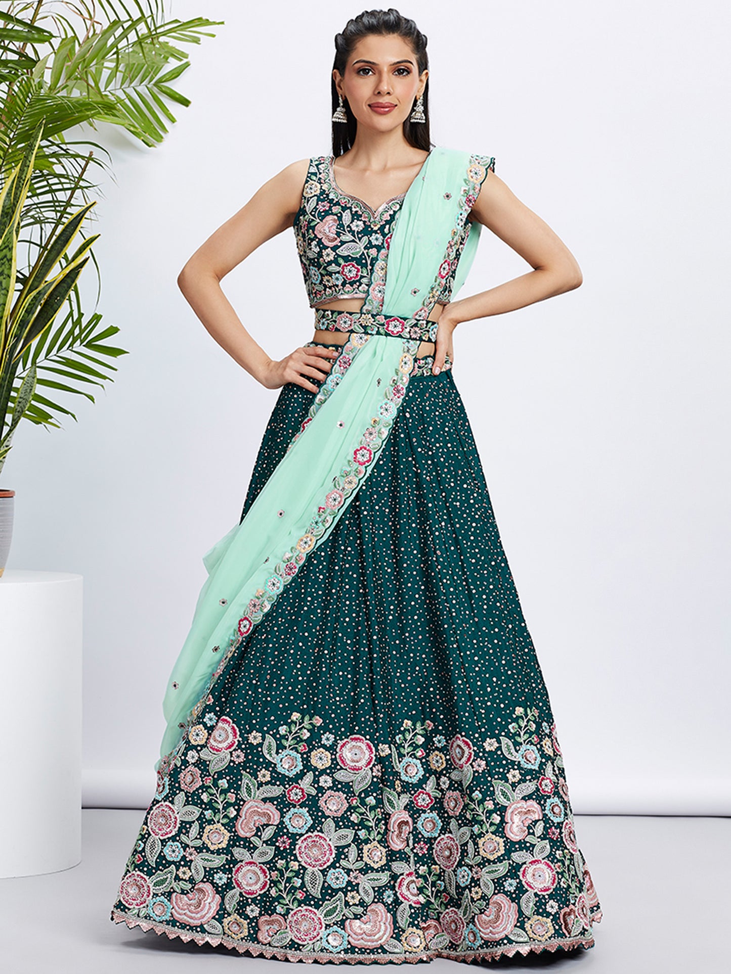 Green Pure Chiffon Sequins and thread embroidery Lehenga choli