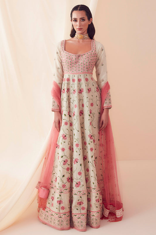 Ivory Lotus Garden Anarkali Set - Aarambh