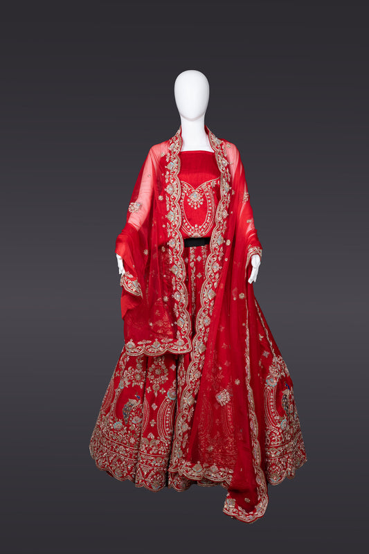 Crimson Red Banarasi Silk Bridal Lehenga