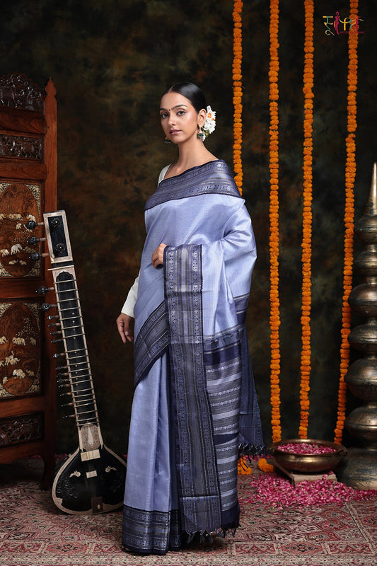 Blue Handloom Pure Silk Saree With Kanchi Border