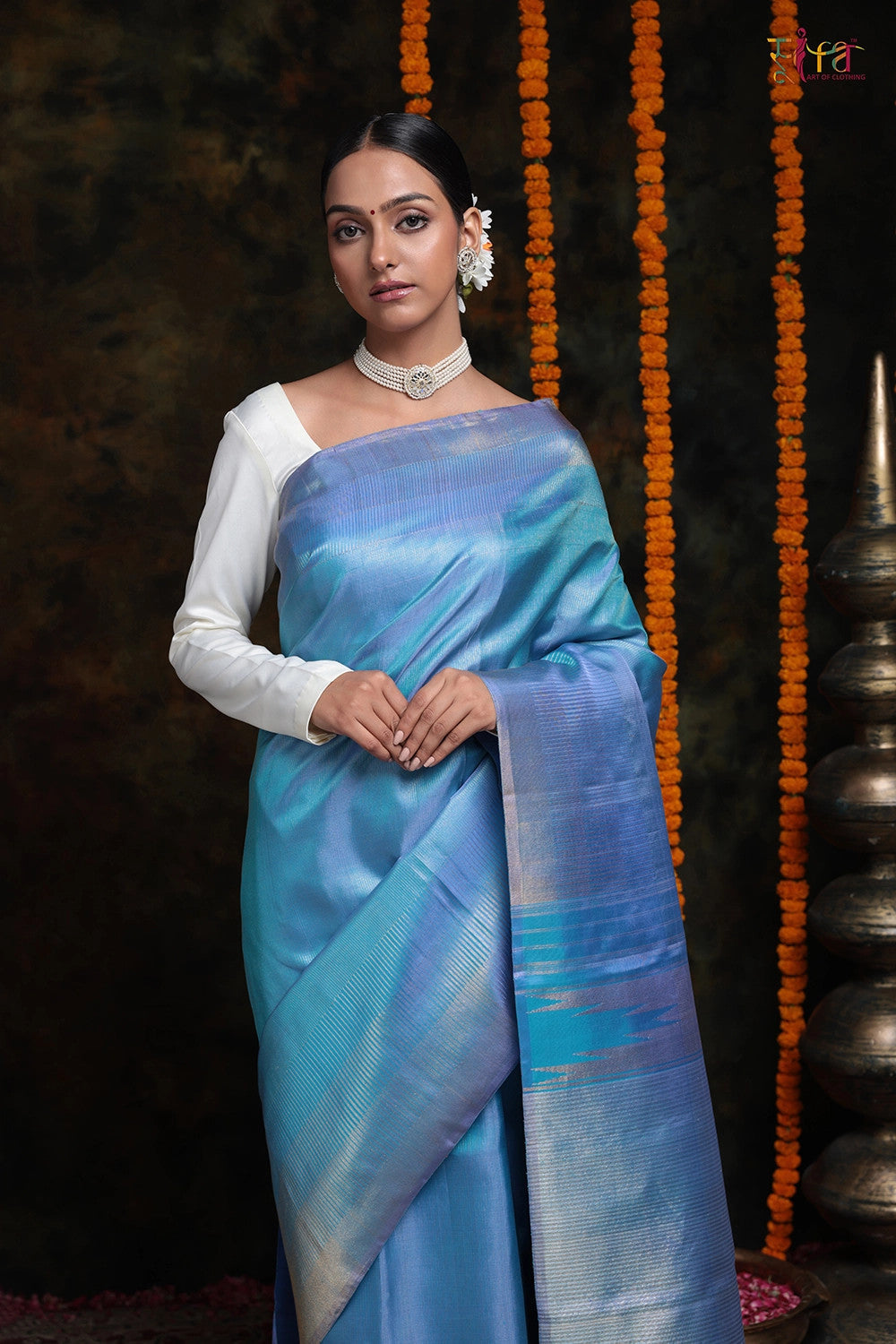 Handloom Blue Duo-Tone Pure Silk Saree With Silver Zari Stripes