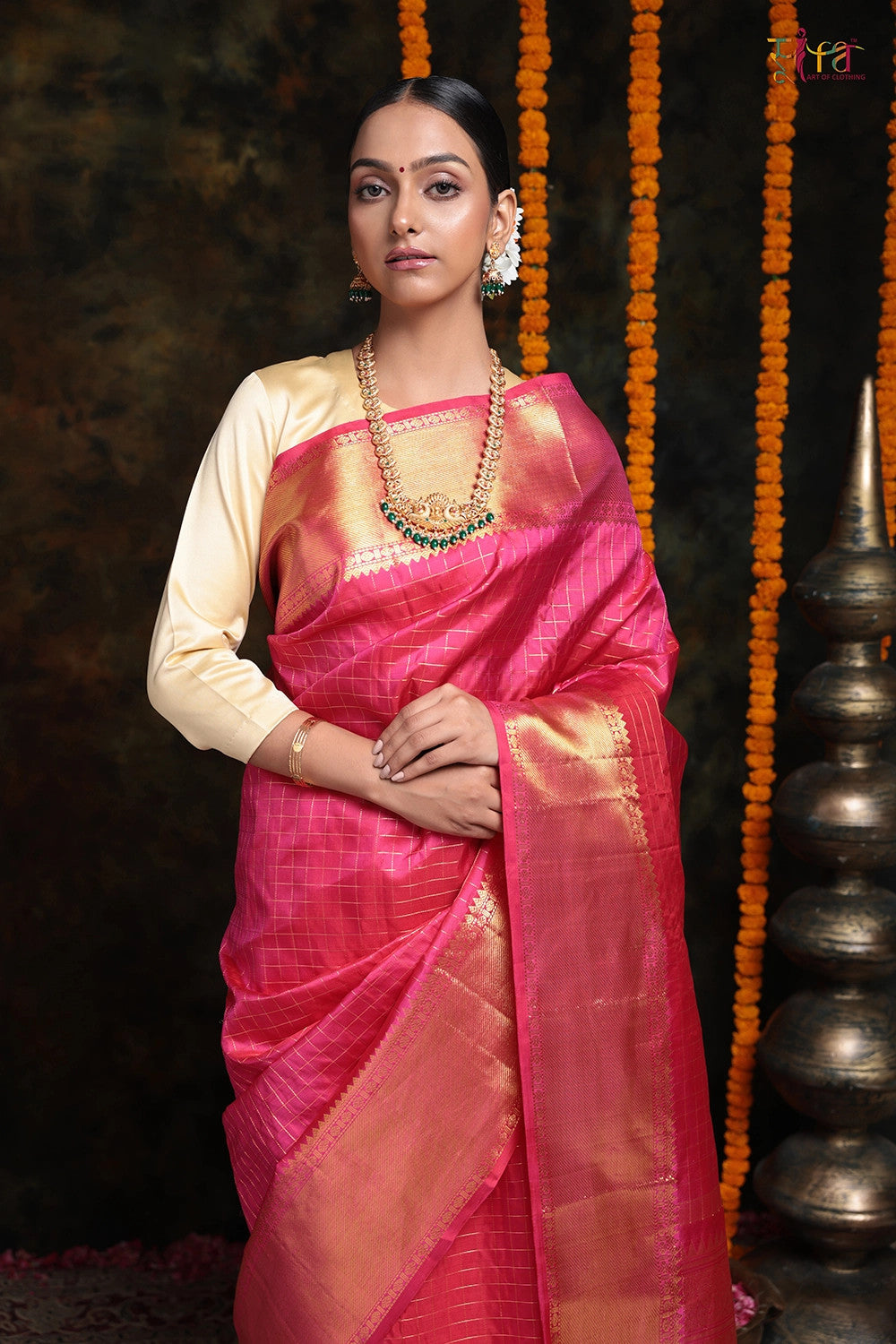 Handloom Hot Pink Kanchipattu With Gold Zari Checks