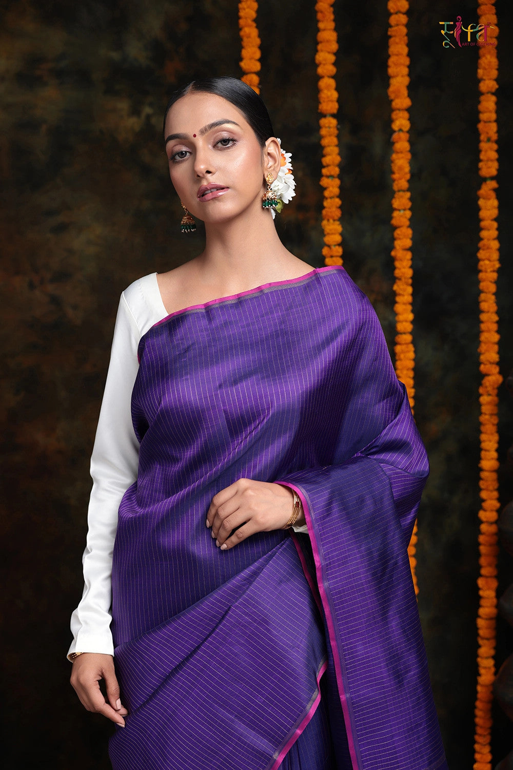 Grape Violet Handloom Kanchipattu Saree With Silver Stripes