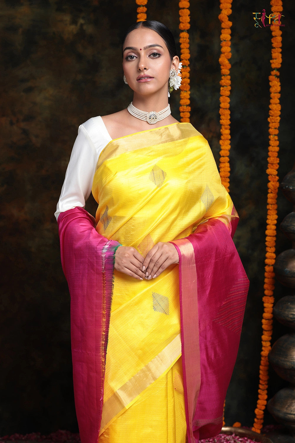 Handloom Bright Yellow Pure Silk Kanchi Contemporary  Saree