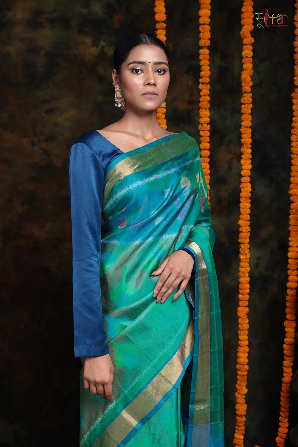 Handloom Green And Royal Blue Pure Mulberry. Silk Pochamaplly Saree With Zari Border