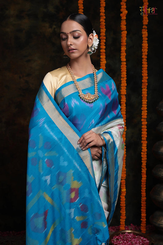 Handloom Blue And Cream Pure Mulberry Silk Saree With Zari Border