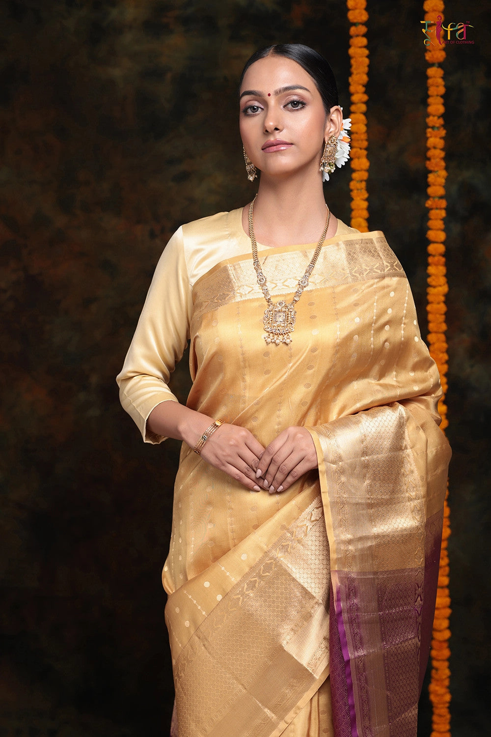 Handloom Gold Colour Pure Silk With Contrasting Violet Pallu