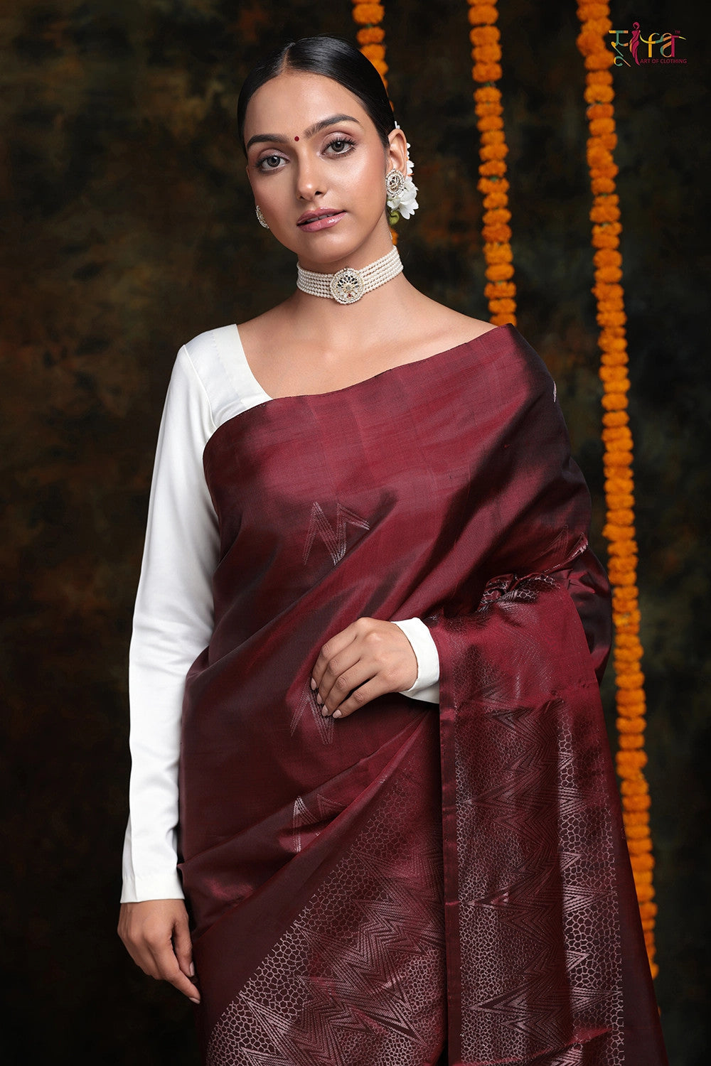 Handloom Wine Pure Silk Kanchi Contemporary With Copper Zari