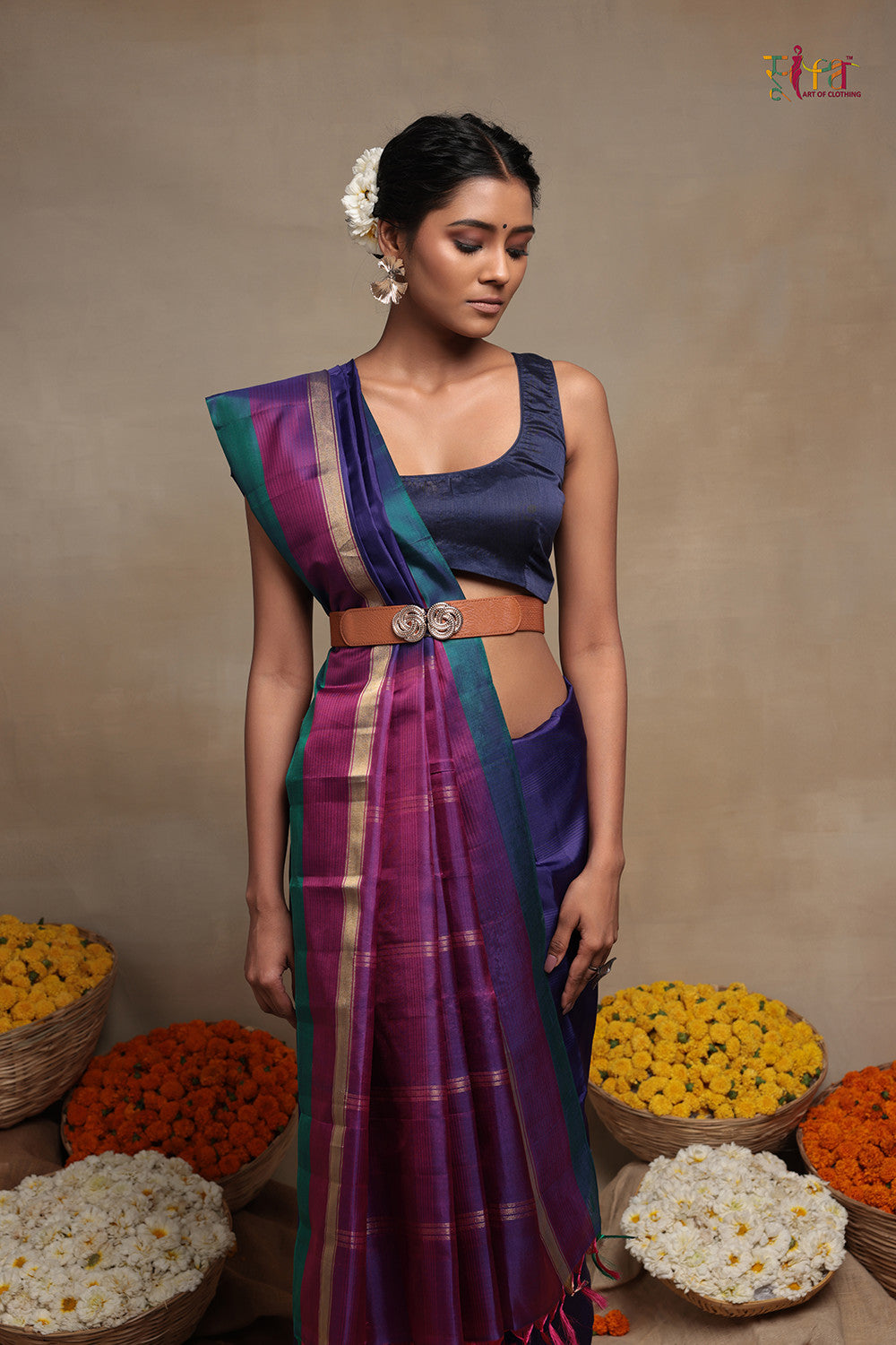 Handloom Navy Blue pure Silk Kanchi contemporary Saree