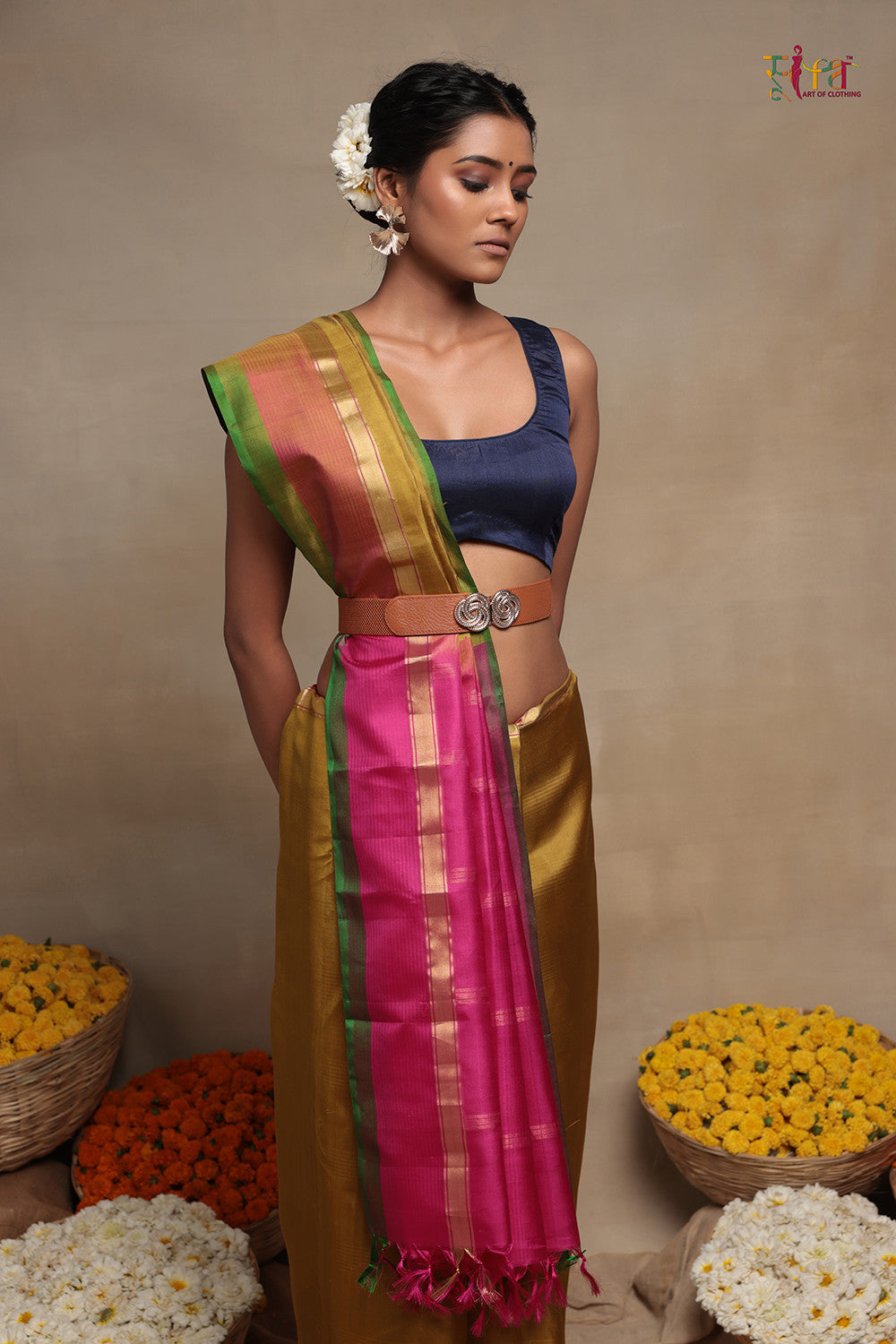 Handloom Mehandi Colour Pure Silk Kanchi Contemporary Saree