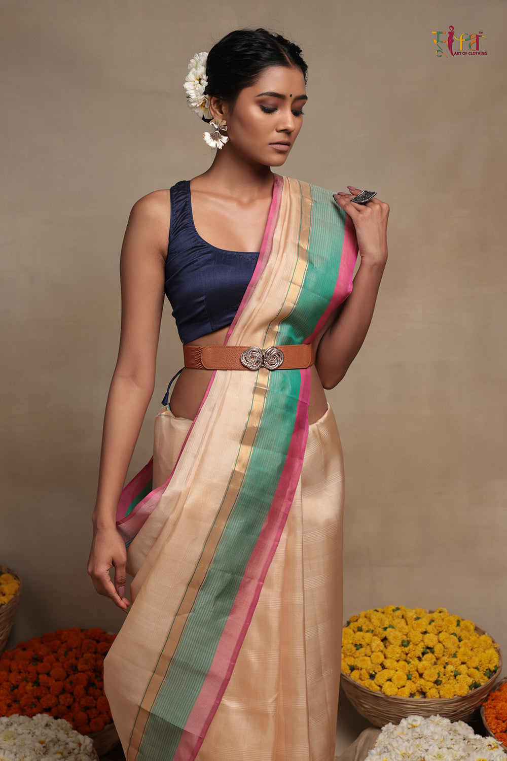 Handloom Cream Pure Silk Kanchi Contemporary Saree