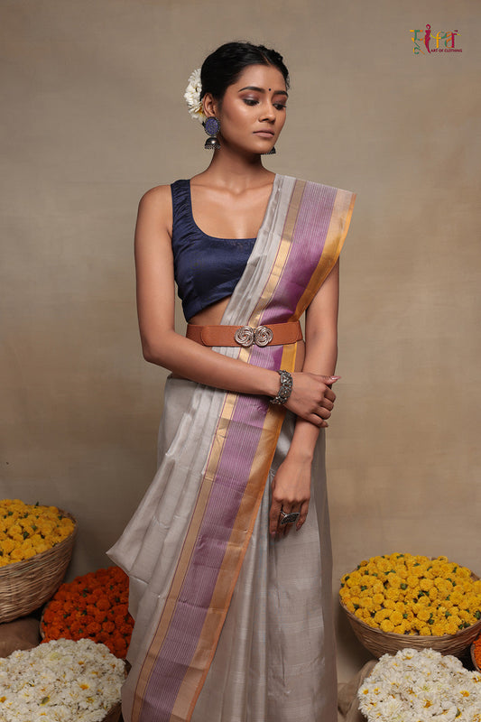 Handloom Silver grey pure Silk Kanchi contemporary Saree