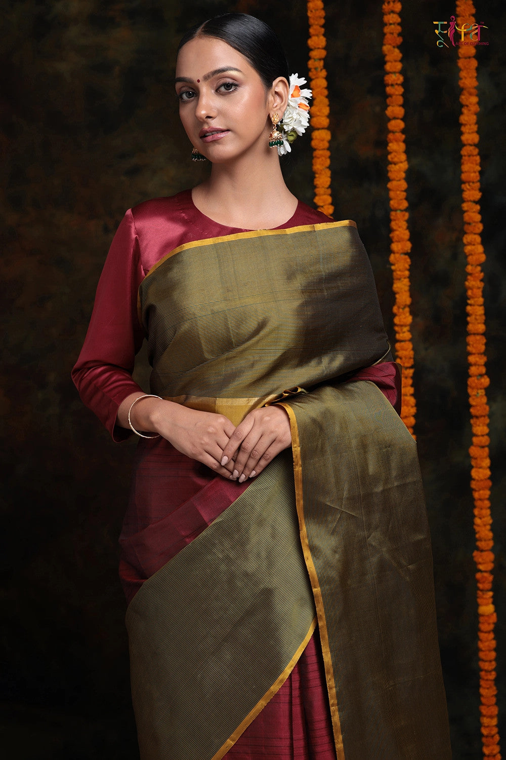 Handloom Maroon & Green Pure Silk Kanchi Contemporary Saree