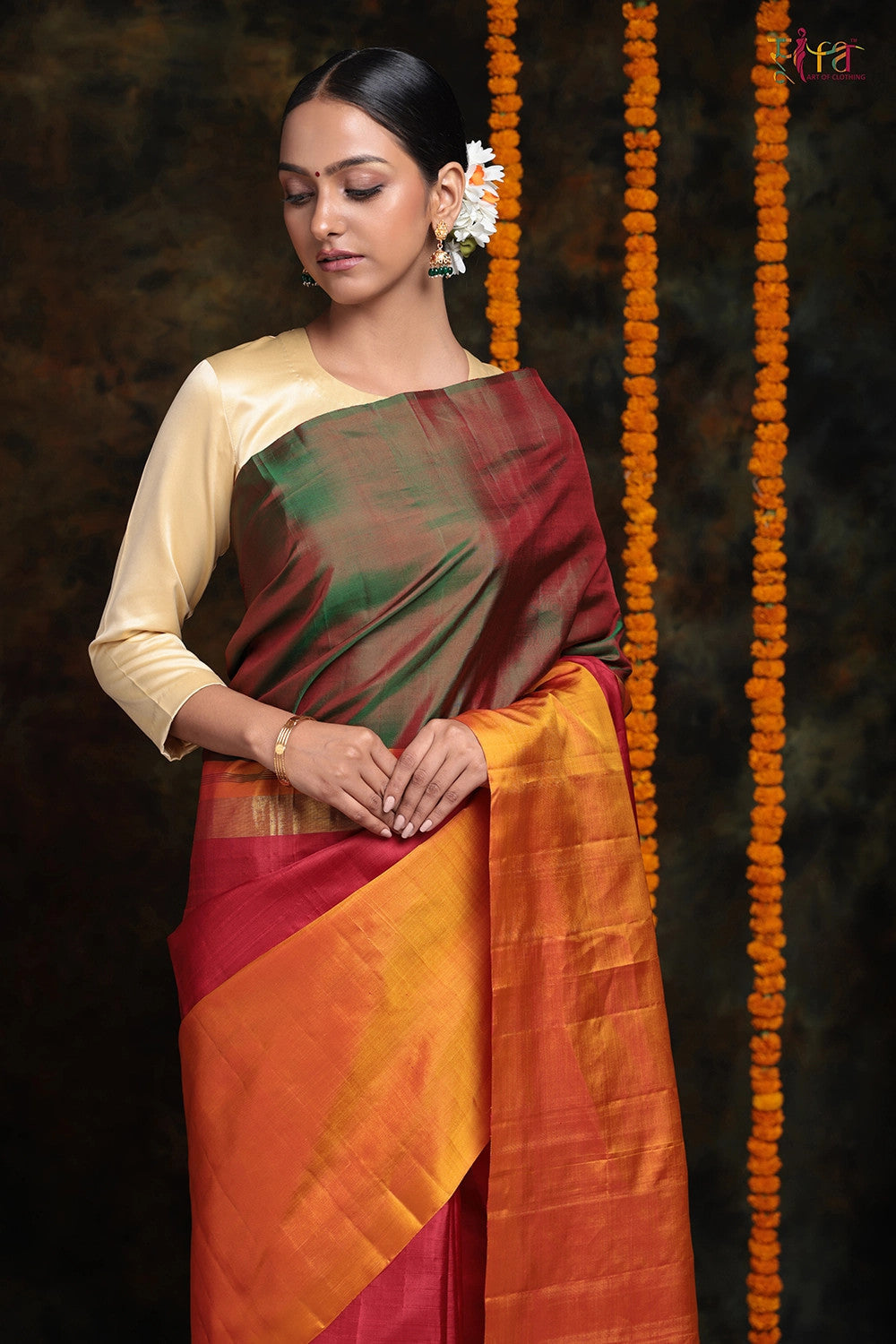 Handloom Red & Orange Pure Silk Contemporary Saree