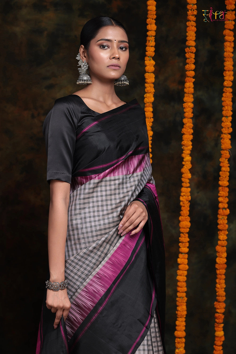 Grey Handloom Pure Silk Saree With Black Check