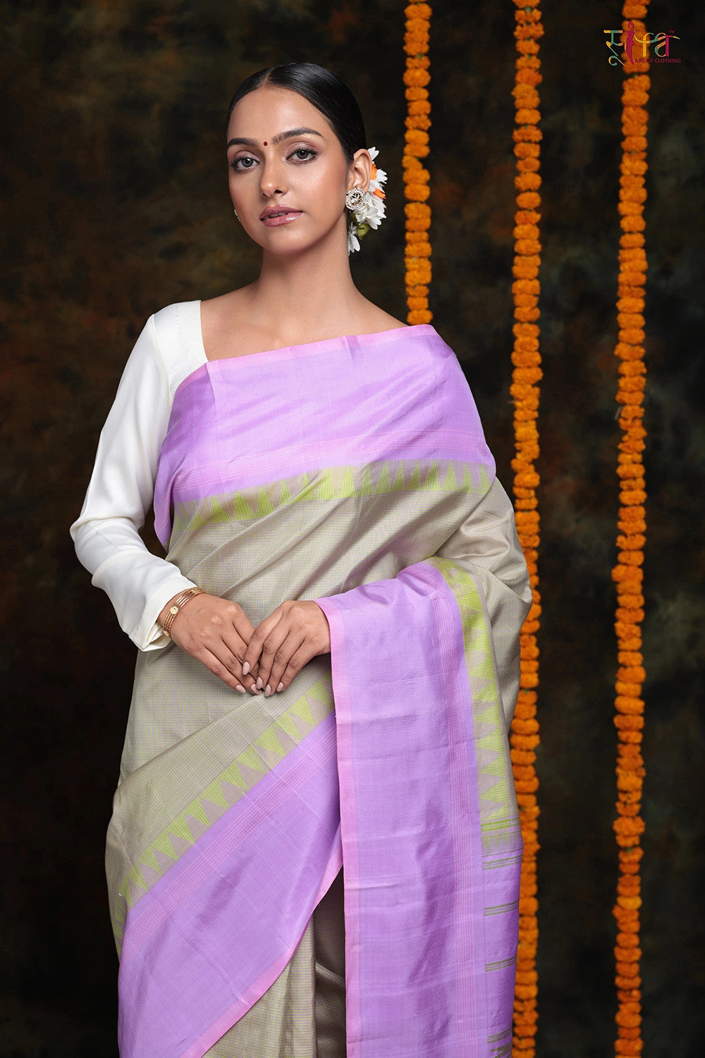 Handloom Lavender & Lime Green Check Pure Silk Saree