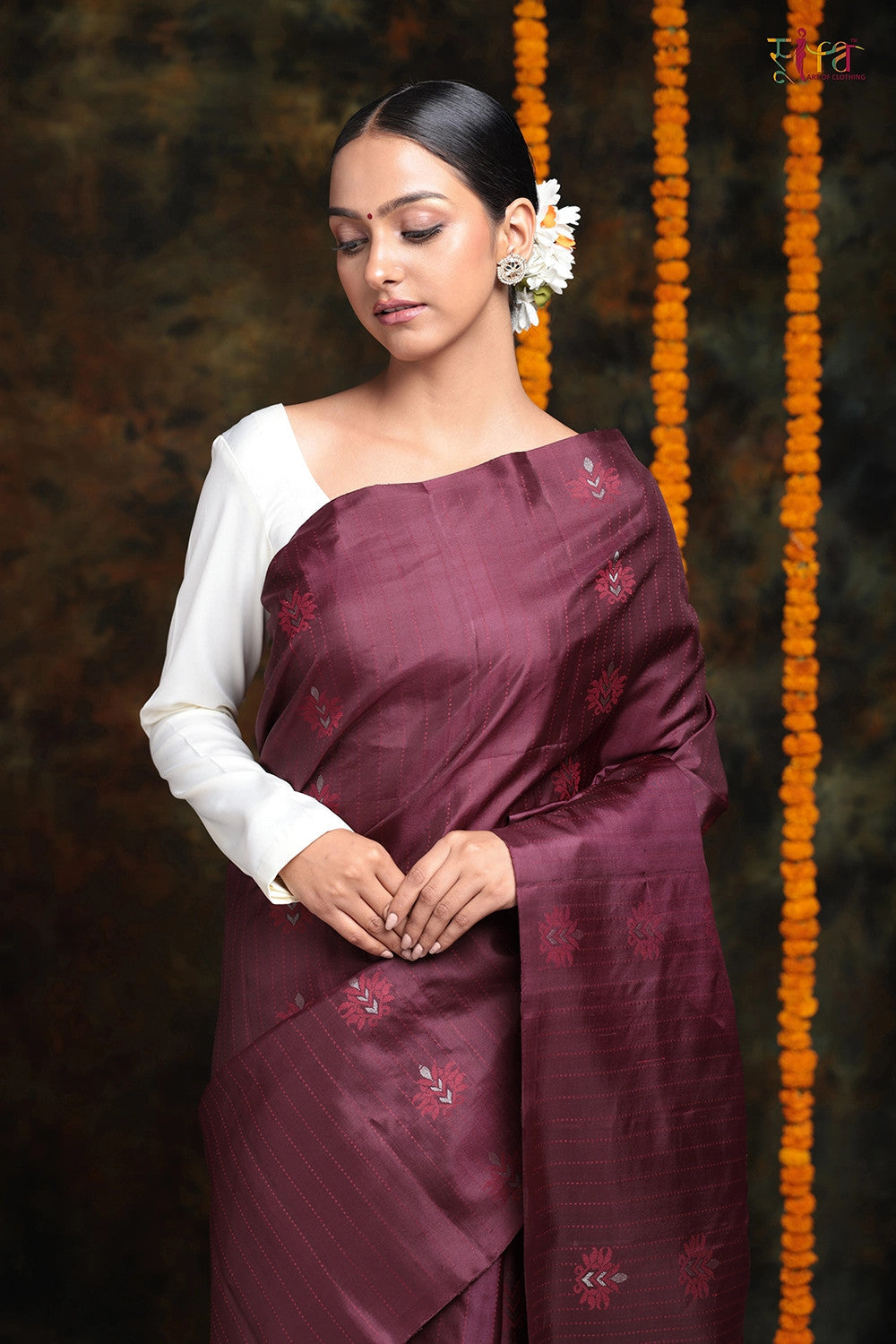 Handloom Wine Colour Pure Silk Saree With Contrasting Baby Pink Pallu