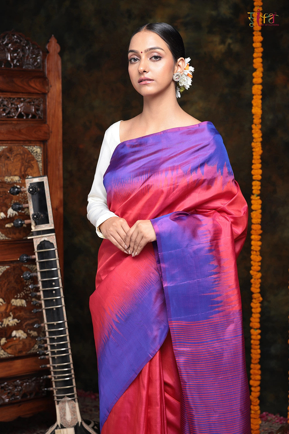 Handloom Pink & Blue Pure Silk Saree