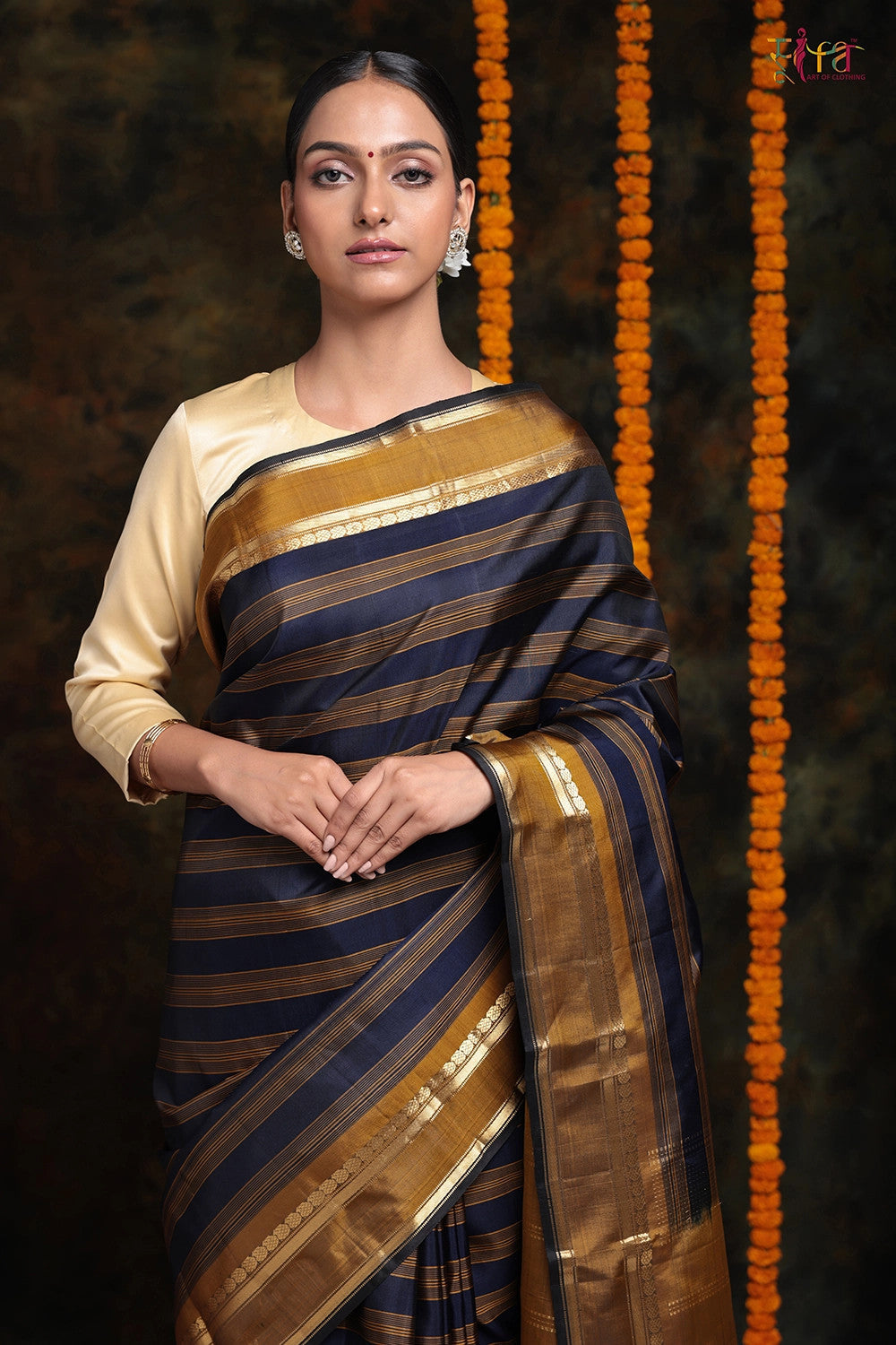 Handloom Ochre Mustard and Navy Blue Pure Silk Saree