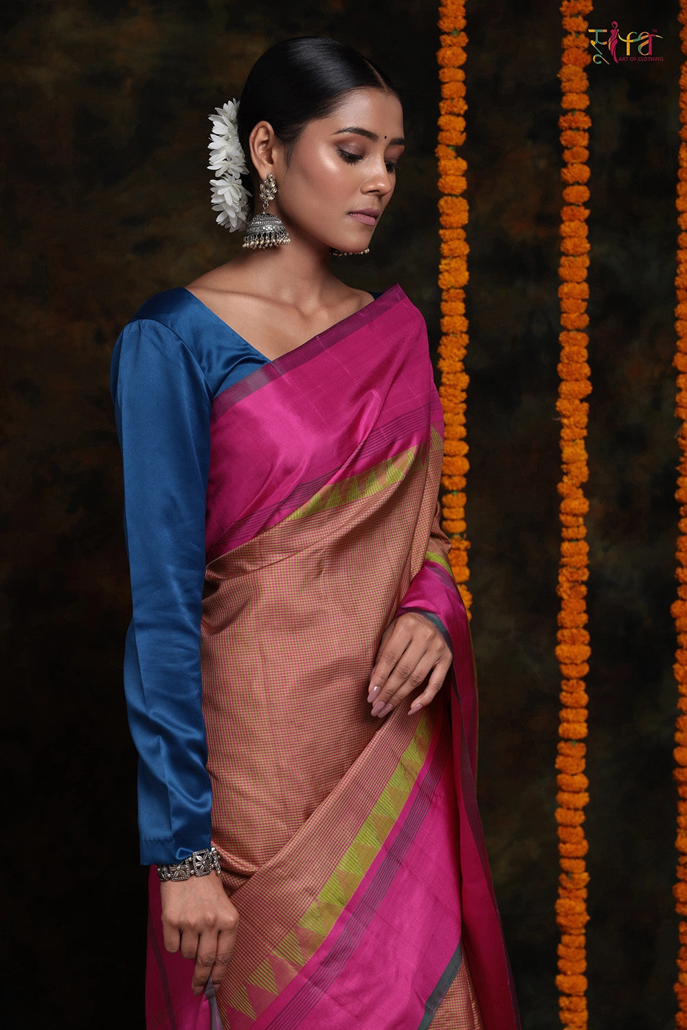 Handloom Pink & Lime Green Check Pure Silk Saree