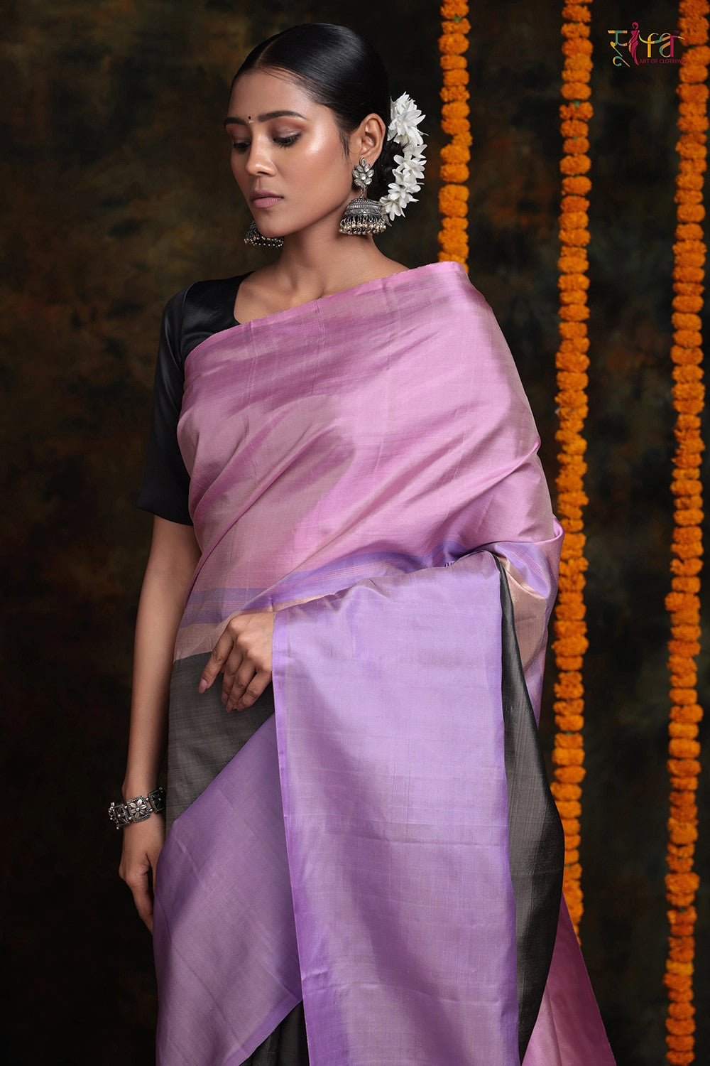 Rose Pink & Lavender Handloom Pure Silk Kanchi contemporary Saree