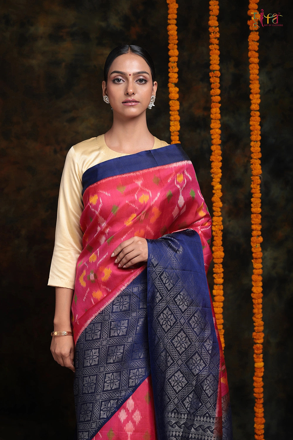 Rose Pink Pure Silk Pochampally Saree With Navy Blue Silver Zari Border