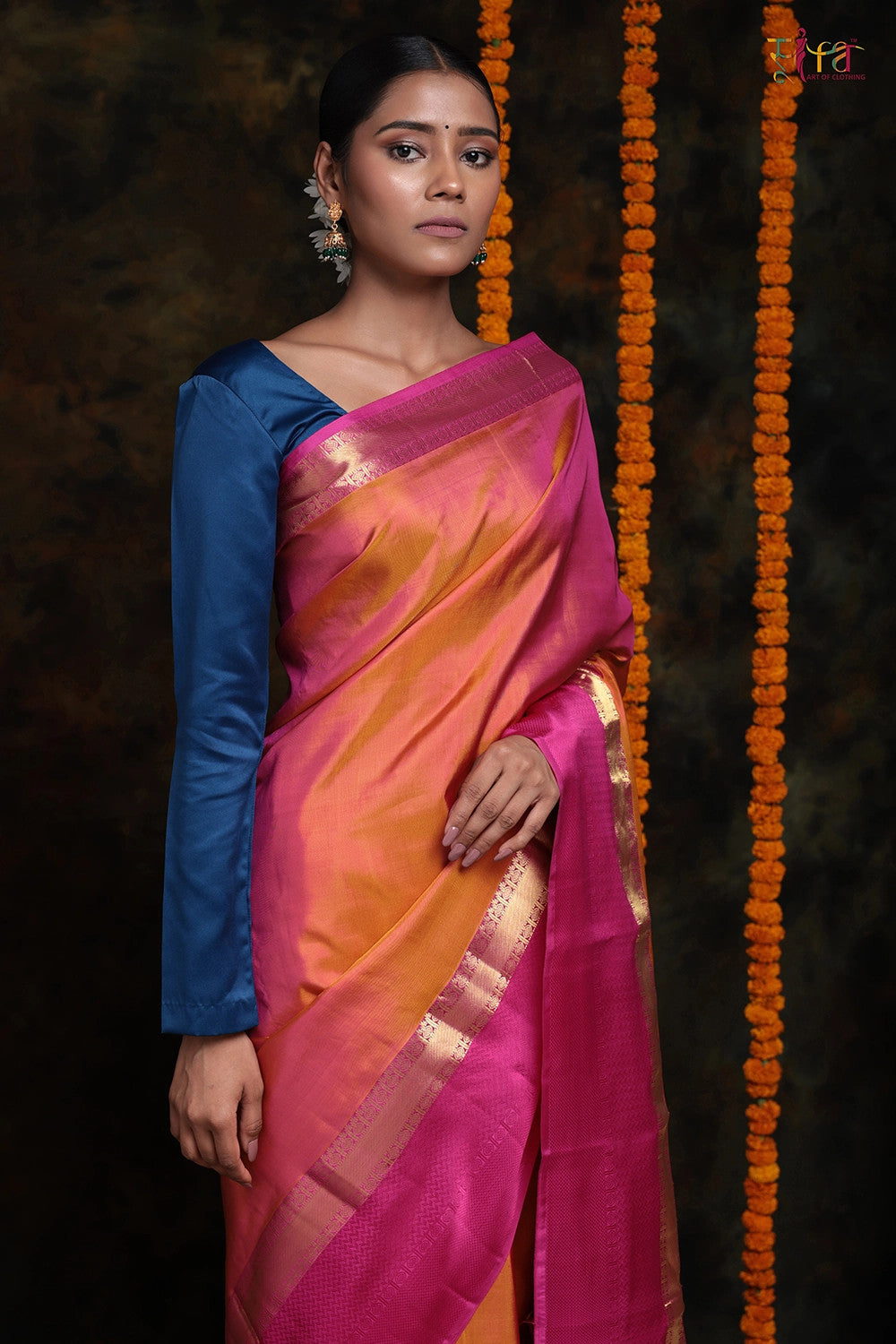 Orange Duo tone Kanchipattu with Zari border