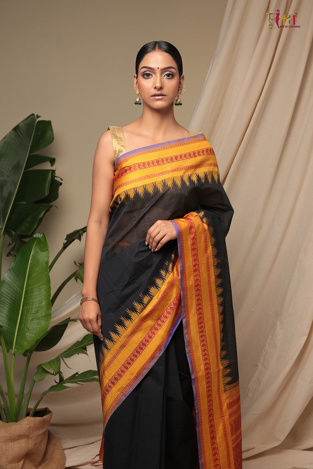 Handloom Black Pure Cotton Kanchi Saree With Pure Silk Mustard Border And Pallu