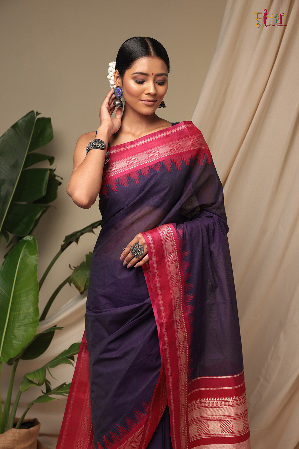 Handloom Dark Purple Pure Cotton Kanchi Saree With Pure Silk Border And Pallu