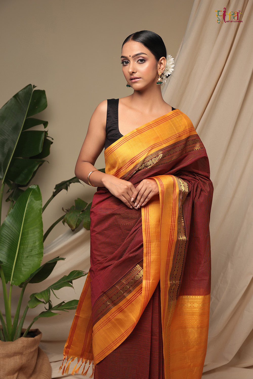 Handloom Garnet Red Pure Cotton Kanchi Saree With Pure Silk Border & Pallu