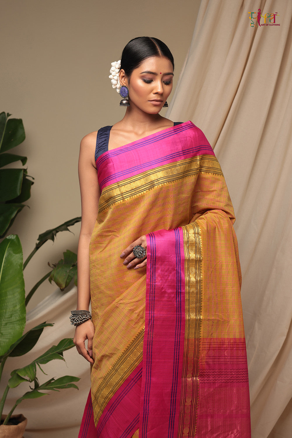 Handloom Honey Yellow Pure Cotton Kanchi Saree With Pure Silk Border And Pallu