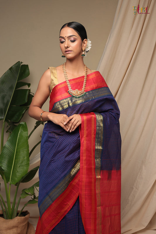 Handloom Voilet Pure Cotton Kanchi Saree With Pure Silk Border And Pallu