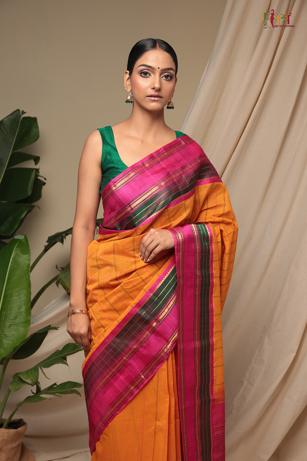 Handloom Pumpkin Orange Pure Cotton Kanchi Saree With Pure Silk Border And Pallu