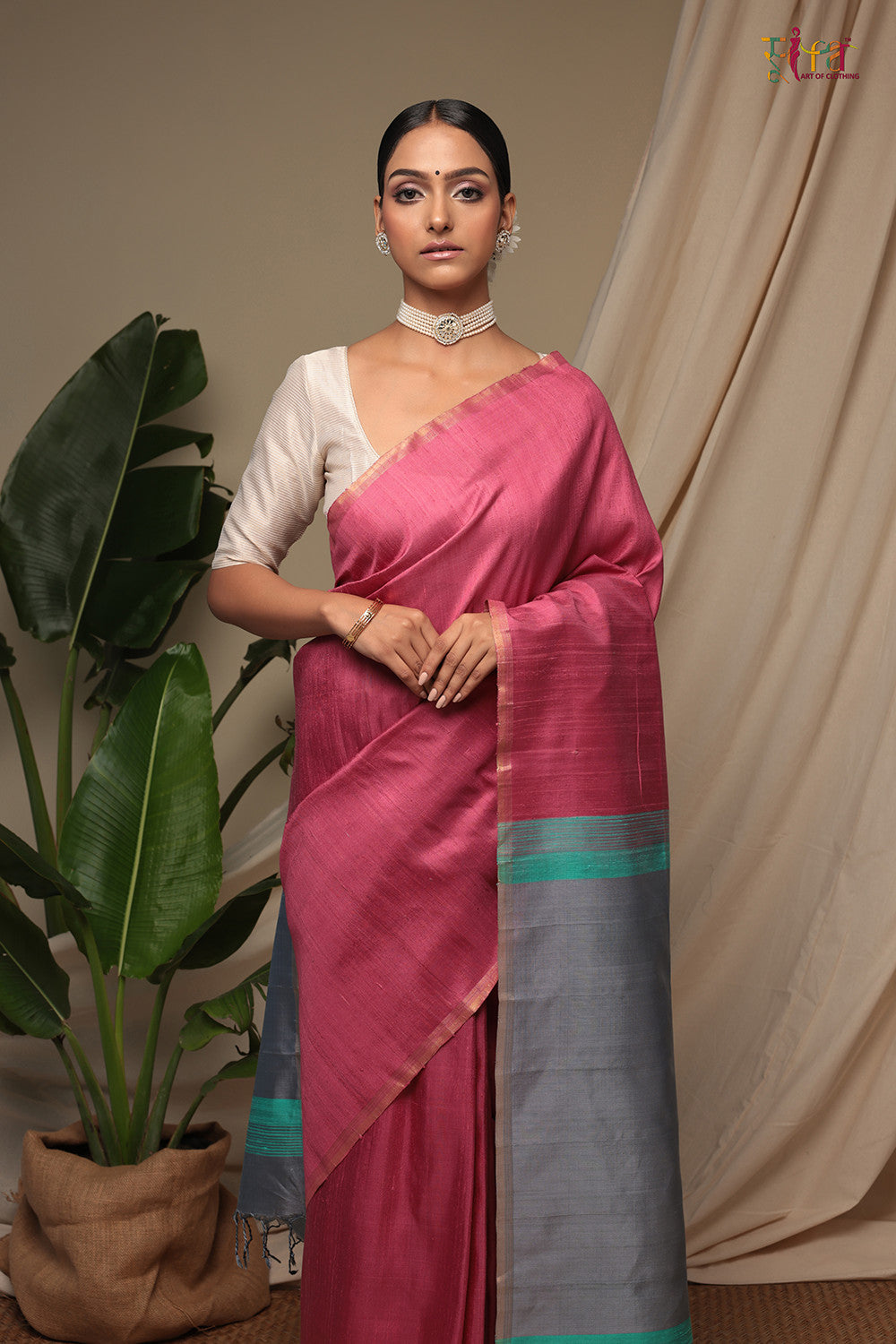 Handloom Deep Pink Pure Tussar Silk Kanchi Contemporary Saree